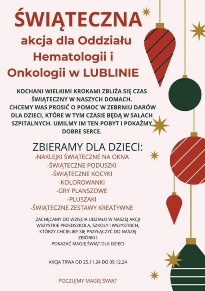 ŚWIĄTECZNA AKCJA DLA ODDZIAŁU HEMATOLOGII I ONKOLOGII W LUBLINIE